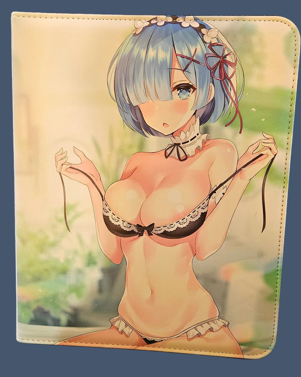 Illustration of a character with blue hair and a swimsuit on a textured surface