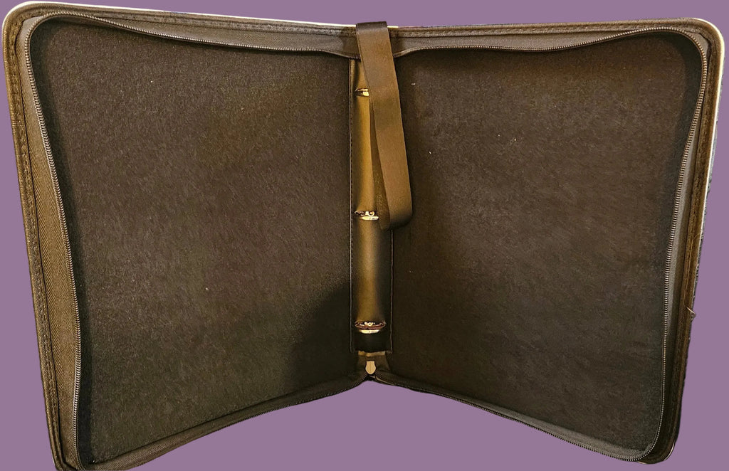 Brown leather case with a gold clasp on a blue background
